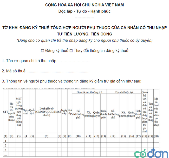 Mau to khai dang ky nguoi phu thuoc de giam tru gia canh nam 2022