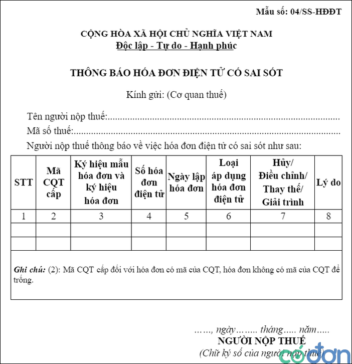 quy dinh ve xu ly sai sot doi voi hoa don dien tu da lap 4